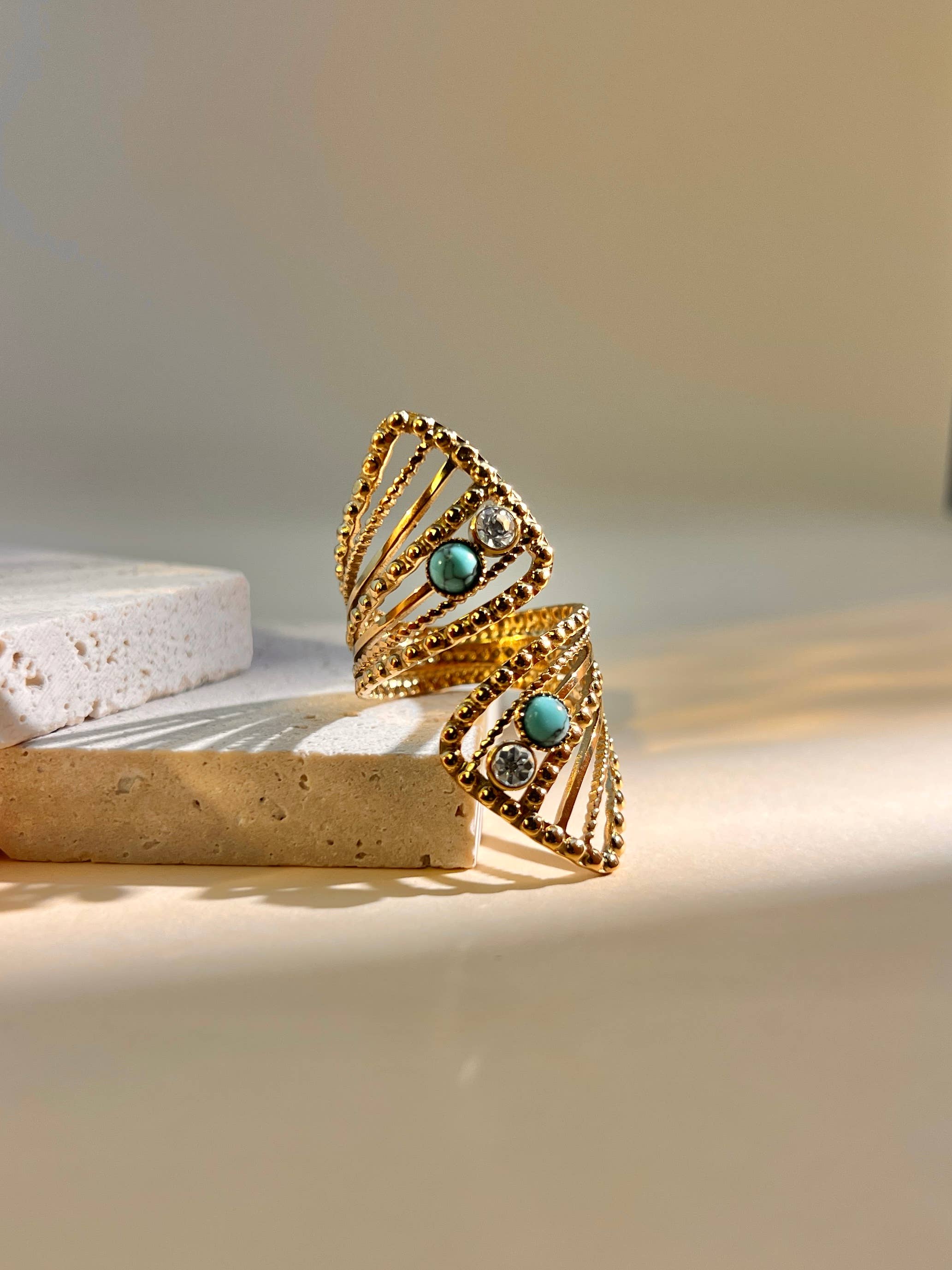 Goldener Ring mit offenem Design und türkisfarbenen sowie klaren Steinen auf hellem Untergrund