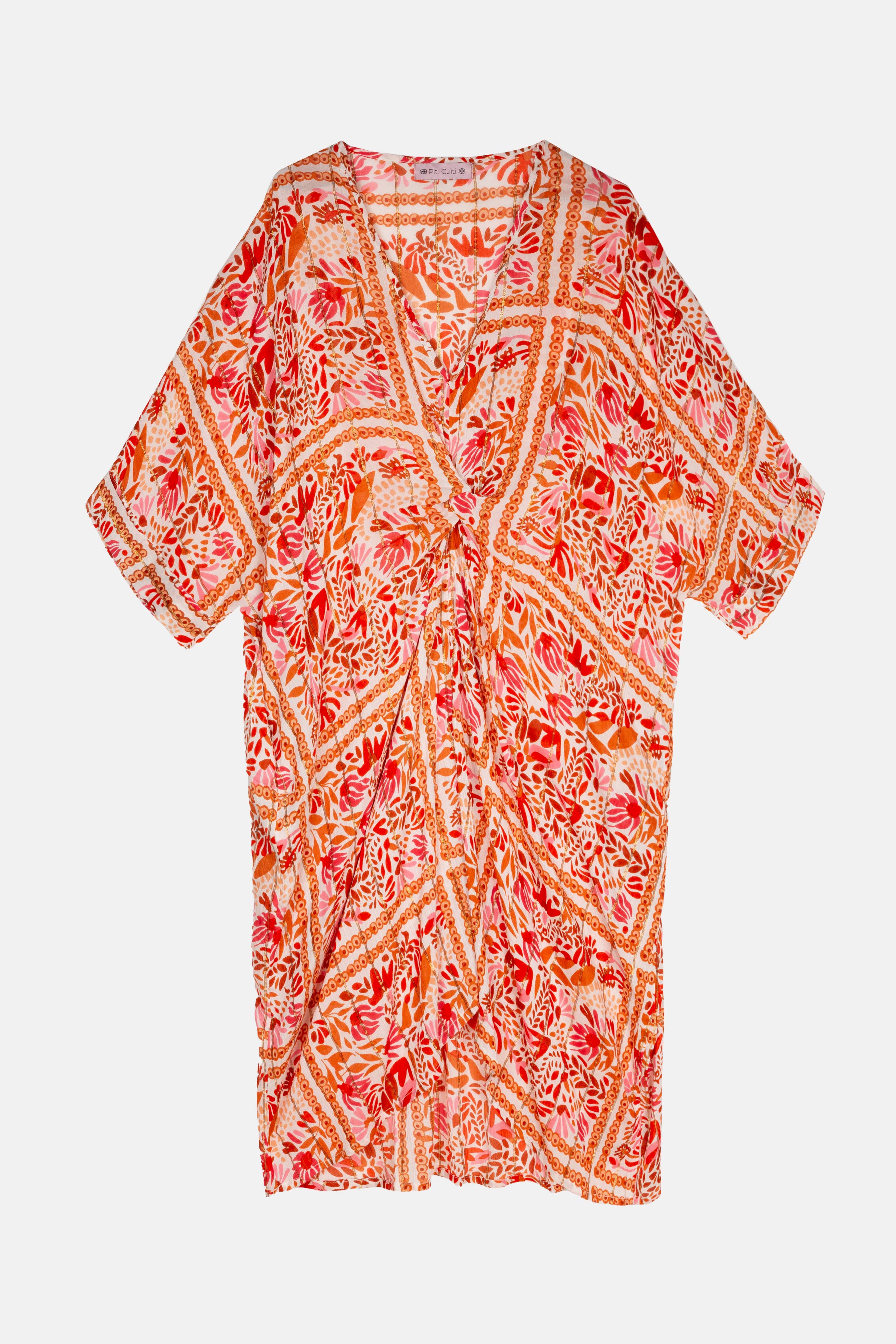 Kaftan Habana Rojo – Viskosekleid mit rotem Muster, V-Ausschnitt & Raffdetails an der Taille