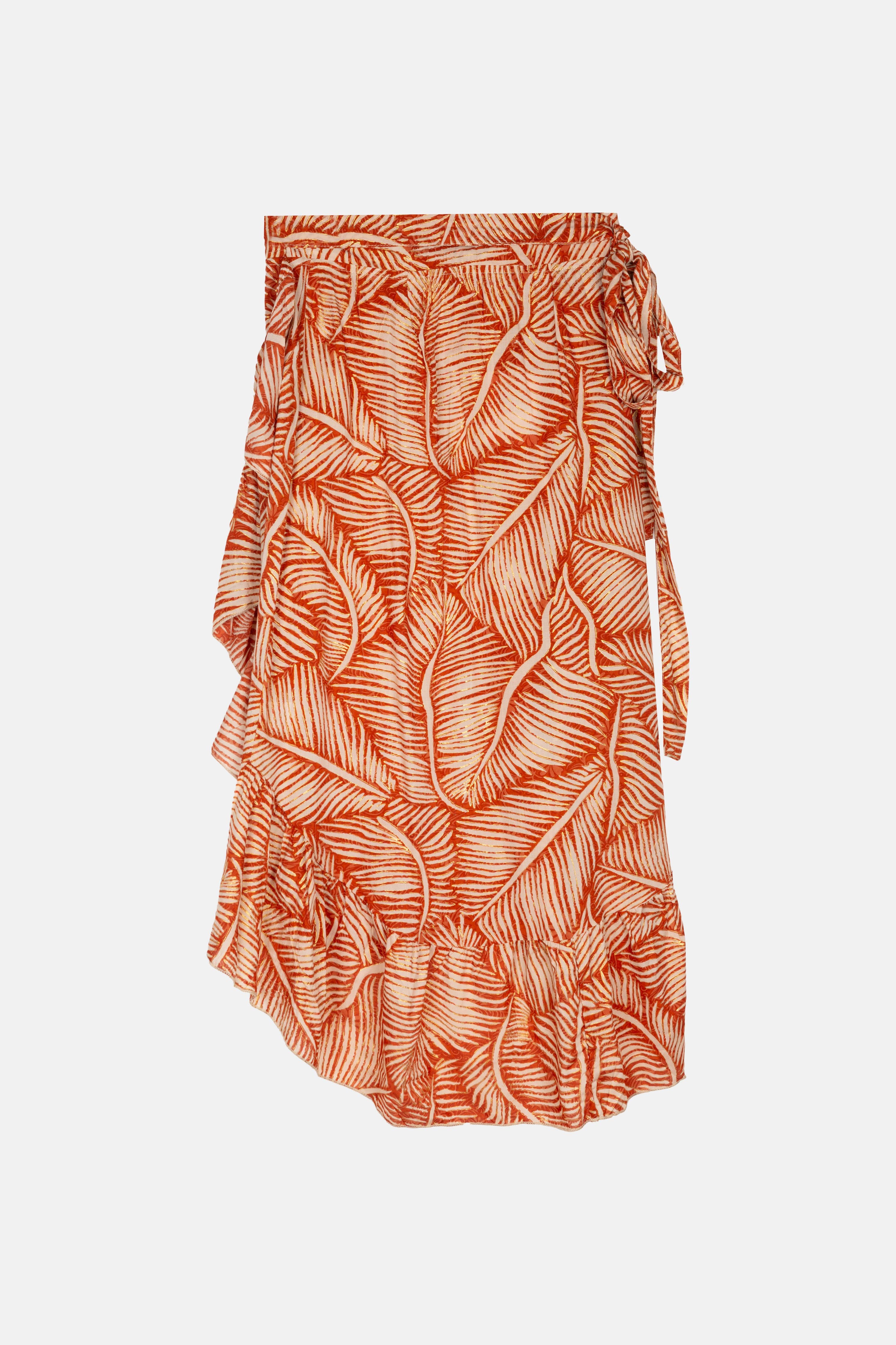 Wickelrock aus Viskose mit Palmenblatt-Print in Braun-Orange und Rüschenkante