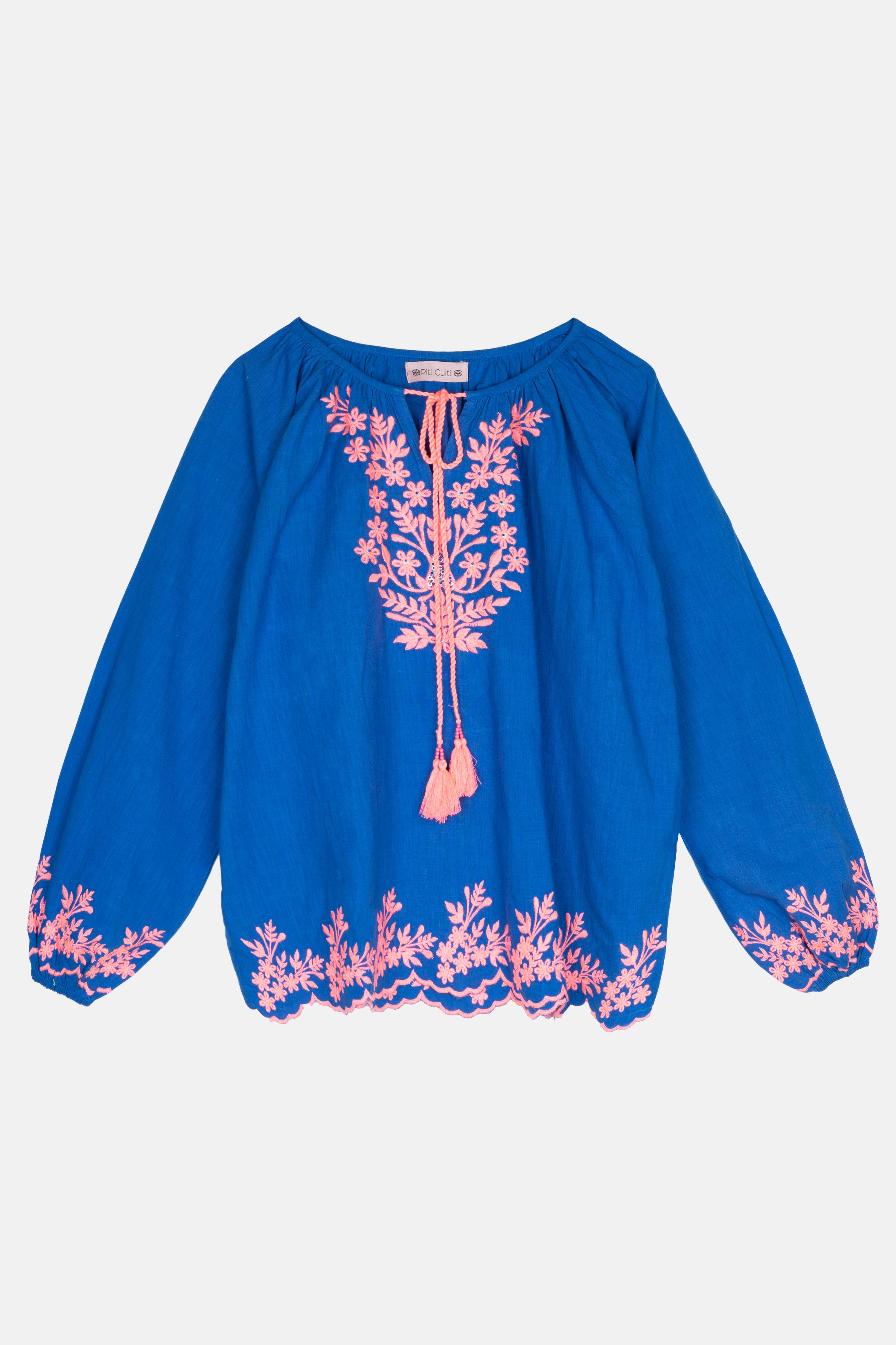Boho-Bluse in Royalblau mit pinker Blumenstickerei – 100 % Baumwolle, Guadalupe Azul Set