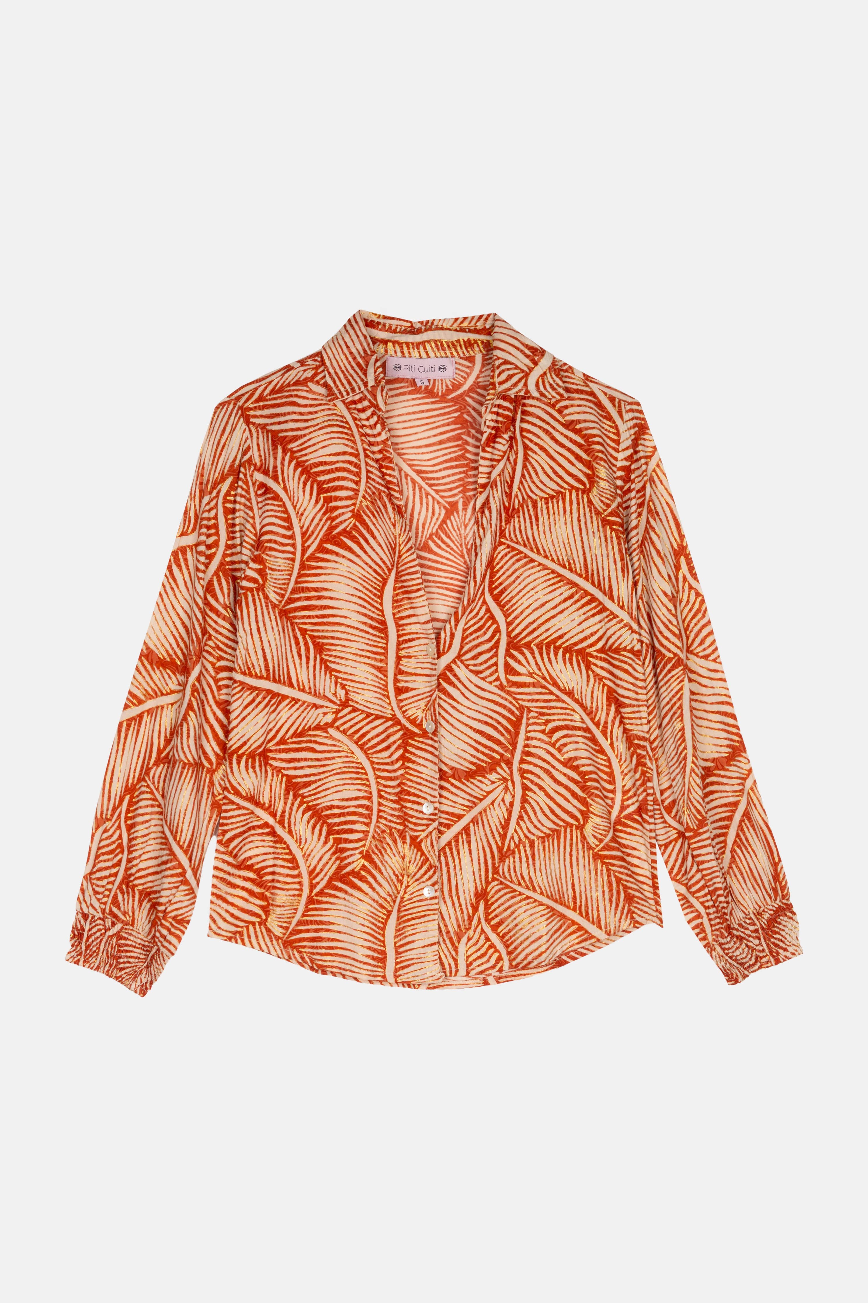 Palmenbraune Boho-Bluse aus Viskose mit tropischem Blattmuster in Orange und Braun