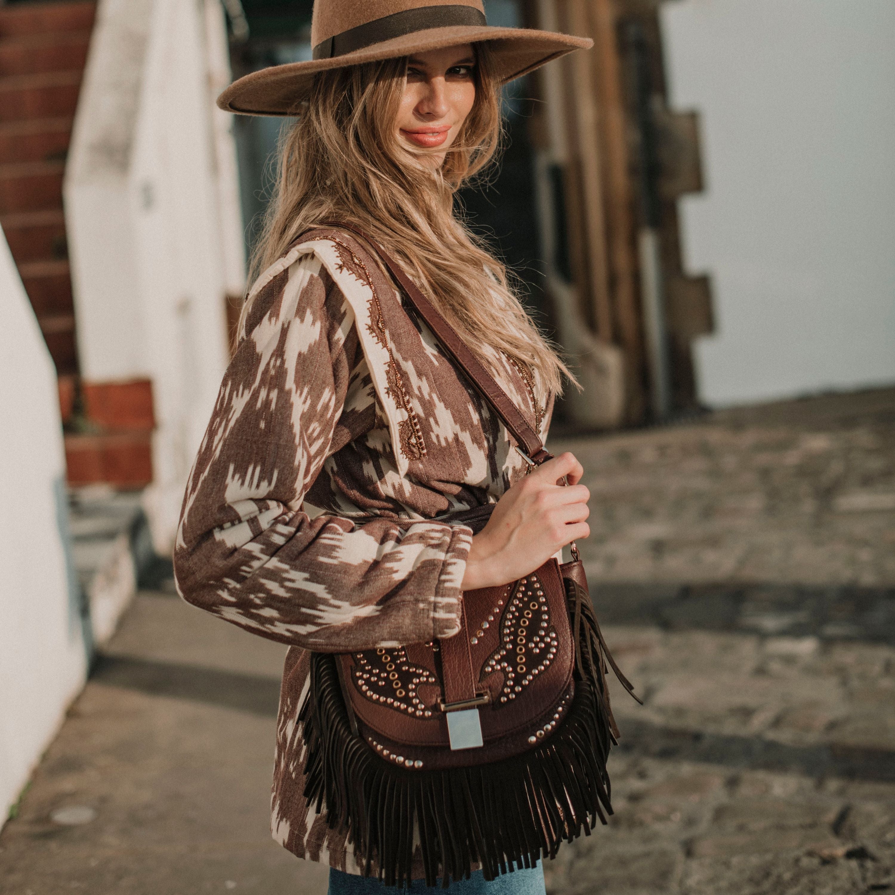 Boho Ledertasche Western Crossbody Shoulderbag braun Piti Cuiti