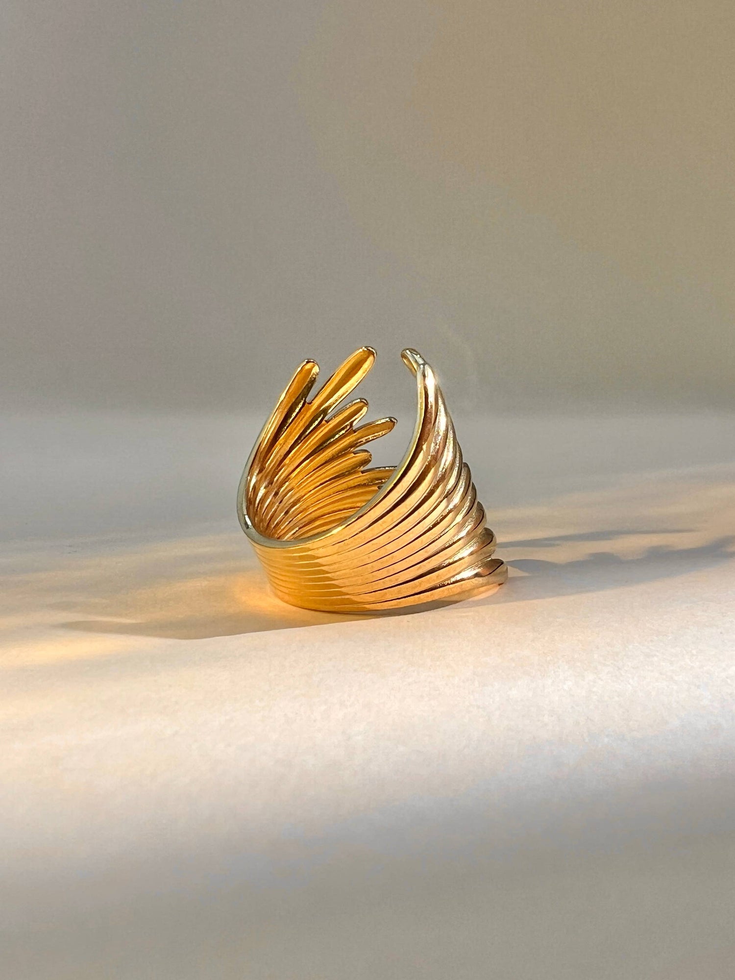 Vergoldeter Ring mit Flügelstruktur, offenes Design, größenverstellbar, Edelstahl 18K, auffälliger Statement-Ring für Damen