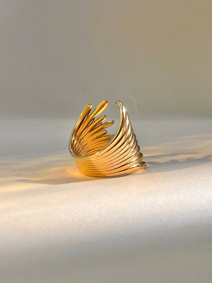 Vergoldeter Ring mit Flügelstruktur, offenes Design, größenverstellbar, Edelstahl 18K, auffälliger Statement-Ring für Damen