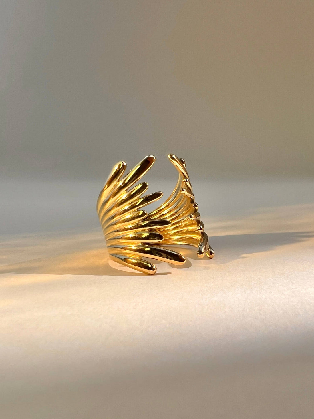 Vergoldeter Ring mit Flügelstruktur, offenes Design, größenverstellbar, Edelstahl 18K, auffälliger Statement-Ring für Damen