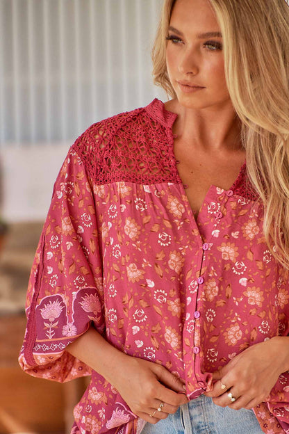 Jaase Merlot Print Florence Bluse mit Häkeleinsatz Jaase Australia