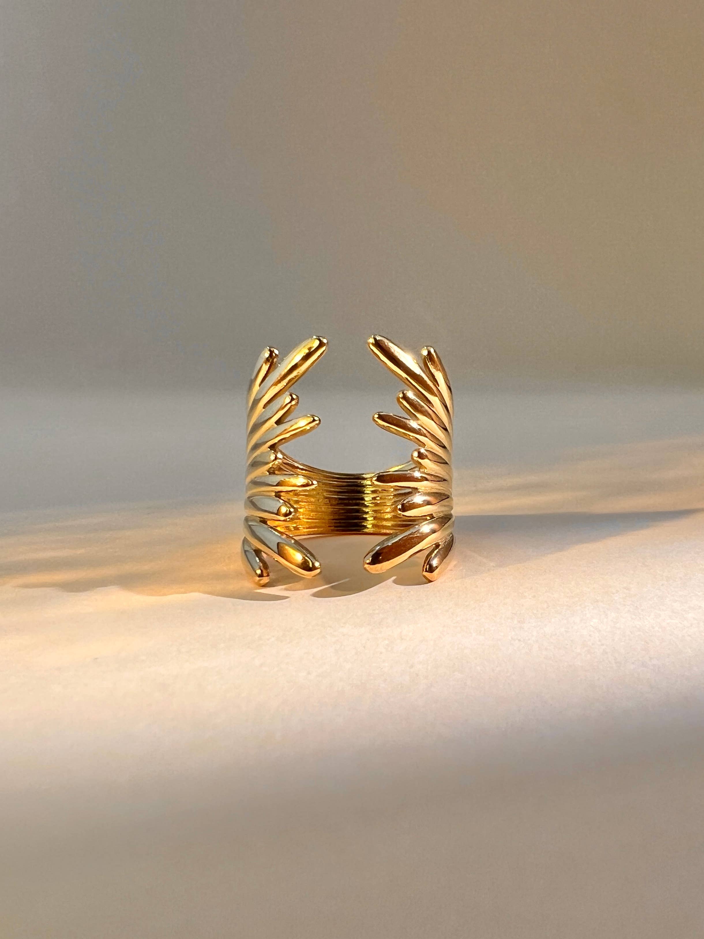 Vergoldeter Ring mit Flügelstruktur, offenes Design, größenverstellbar, Edelstahl 18K, auffälliger Statement-Ring für Damen