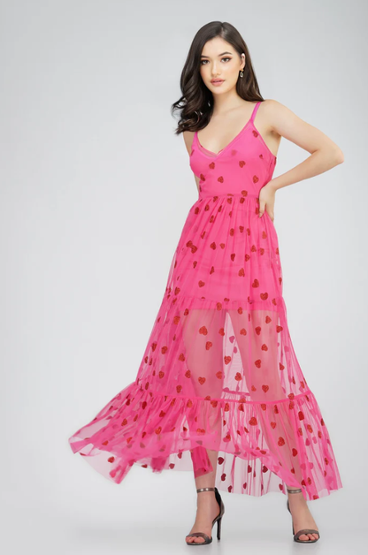 Poppy Maxi Dress - Pink Hearts Lace &amp; Beads